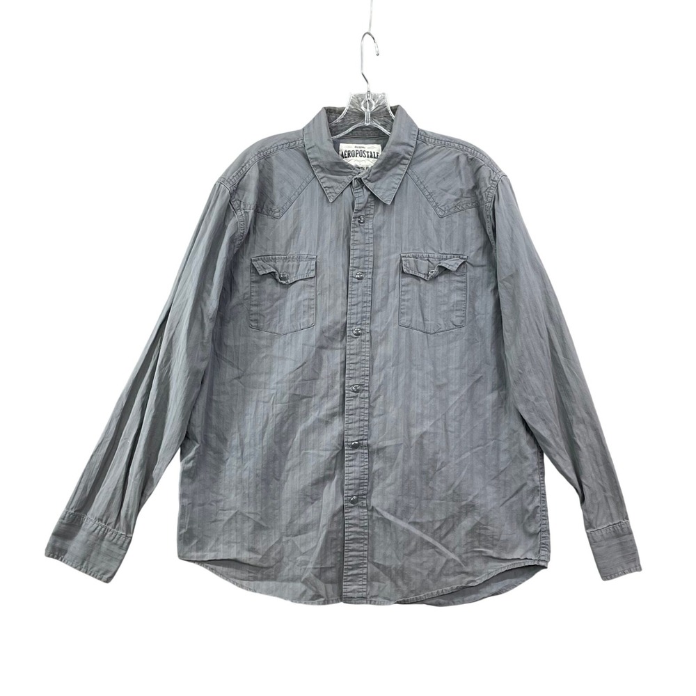 Aeropostale Shirt Mens Large Gray Striped Western Pearl Snap Cowboy Academia Y2K